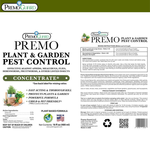 Plant and Garden Pest Control Concentrate - 16 oz - Makes Up to 2.5 Gallons - Plant Based All Natural Non-Toxic - By Premo Guard