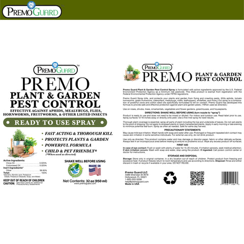 Plant and Garden Pest Control Spray - 32 oz - Plant Based All All Natural Non-Toxic - By Premo Guard